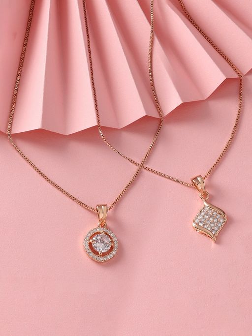 Zaveri Pearls Set of 2 Rose Gold Contemporary Cubic Zirconia Pendant Chain-ZPFK17537