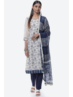 Biba - White Cotton Silk Chanderi Unstitched Suit (Set of 3)