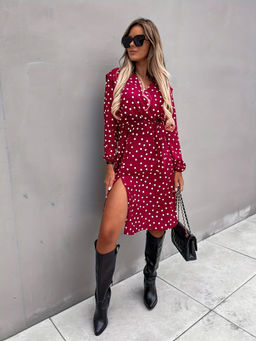 Outzidr - Red Polka Dotted Wrap Dress
