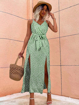 Outzidr - Green Strappy Midi Dress & Belt With High Slit (Set of 2)