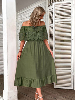 Outzidr - Olive Off Shoulder Midi Dress With Lace