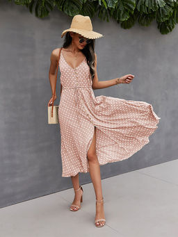 Outzidr - Pink Front Buttoned Midi A-Line Dress