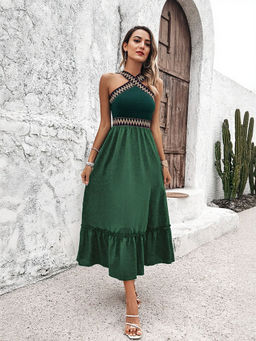 Outzidr - Green Halter Neck Midi Dress With Contrast Tape