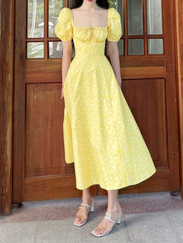 Outzidr - Square Neck Yellow Midi Dress With Puff Sleeve