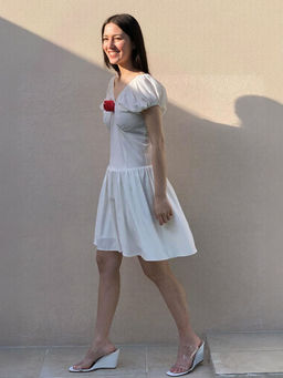 Outzidr - White V Neck Bust Fitted Drop Waist Skater Knee Dress