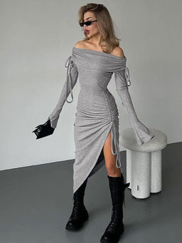 Outzidr - Grey Off Shoulder With Ruching Midi Dress