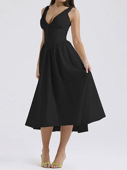 Outzidr - Black Plunging Neck Corset Flared Midi Dress