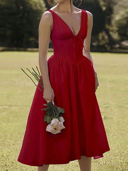 Outzidr - Red Plunging Neck Corset Flared Midi Dress