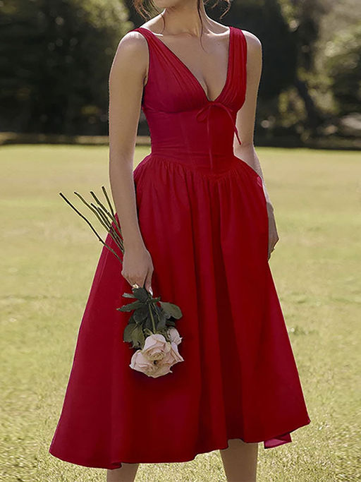 Buy Outzidr Red Plunging Neck Corset Flared Midi Dress Online 1