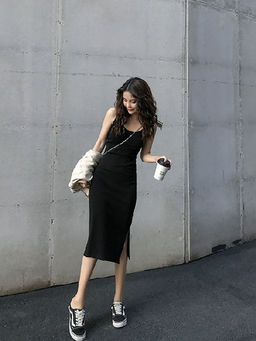 Outzidr - Black U Neck Back Strap Fitted Midi Dress