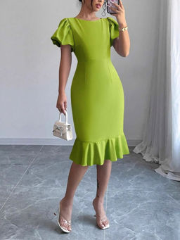 Outzidr - Lime Puff Sleeved Solid Midi Dress