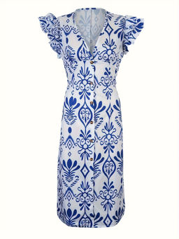 Outzidr - Blue Indigo Printed Midi Dress