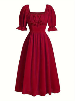 Outzidr - Maroon Cinched Waist Puff Sleeved Midi Dress