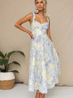 Outzidr - Blue Printed Bustier Tie Up Straps Midi Dress