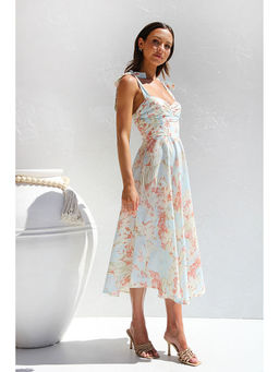 Outzidr - Off-White Printed Bustier Tie Up Straps Midi Dress