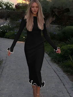 Outzidr - Black Scallop Hem Bodycon Midi Dress