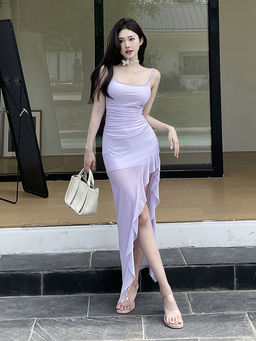 Outzidr - Purple Asymmetric Hem Midi Dress