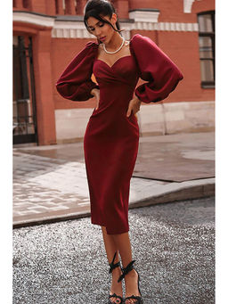 Outzidr - Red Sweetheart Neckline Puff Sleeved Midi Dress