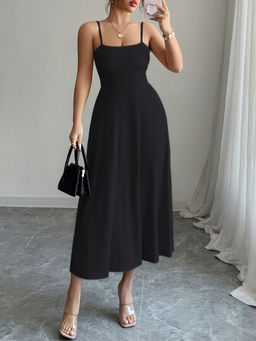 Outzidr - Black Strappy Solid Cinched Waist Midi Dress