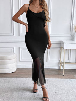 Outzidr - Black Mesh Fishtail Midi Dress