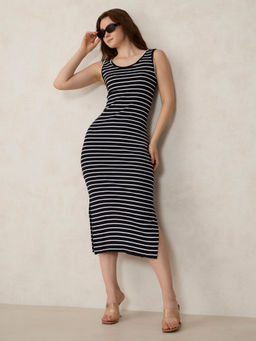 Outzidr - Black Striped Tank Midi Dress