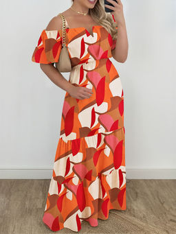 Outzidr - Orange Off Shoulder Maxi Dress