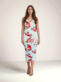 Outzidr - Green Floral Printed Bodycon Midi Dress