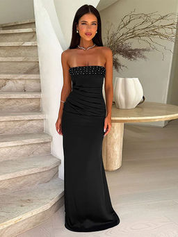 Outzidr - Black Off Shoulder With Gathered Waist Maxi Dress