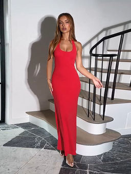 Outzidr - Red Fit And Flare Basic Maxi Dress