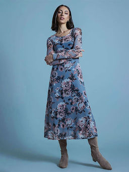 Outzidr - Grey Floral Print Midi Dress