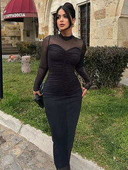 Outzidr - Black High Neck Line Mesh Dress Maxi Dress