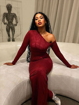 Outzidr - Red One Shoulder Full Sleeves Maxi Dress