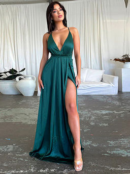 Outzidr - Green V-Neck High Slit Flared Maxi Dress