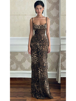 Outzidr - Brown Animal Print Slip Maxi Dress With Back Tie Up