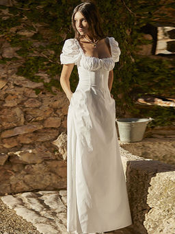Outzidr - White Puff Sleeve Square Neck Fit And Flared Maxi Dress