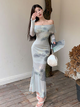 Outzidr - Green Floral Print Bell Sleeves Off Shoulder Maxi Dress