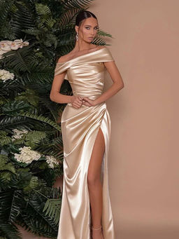Outzidr - Gold Off Shoulder High Slit Satin Maxi Dress