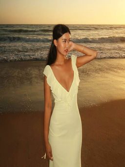 Outzidr - Yellow Ruffle With Back Tie Up Maxi Dress