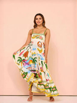 Outzidr - Multi Tropical Print Fit And Flared Maxi Dress