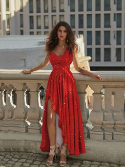 Outzidr - Red Bust With Pleated Overlay With High Low Hem Maxi Dress