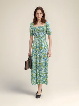 Outzidr - Green Square Neck Puff Sleeves Midi Dress