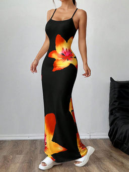 Outzidr - Black Strappy Bold Floral Printed Bodycon Maxi Dress