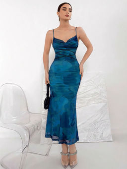 Outzidr - Teal Strappy Cowl Neck Printed Midi Dress