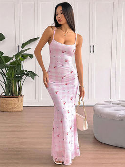 Outzidr - Pink Strappy Printed Maxi Dress