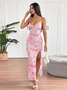 Outzidr - Pink Strappy Printed Maxi Dress