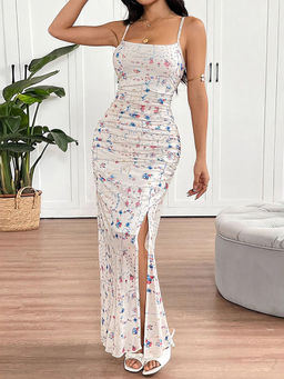 Outzidr - White Strappy Printed Maxi Dress