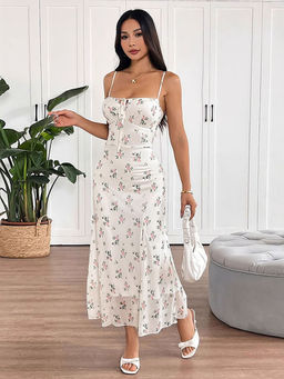 Outzidr - White Strappy Printed Maxi Dress