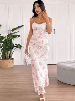 Outzidr - Pink Strappy Printed Maxi Dress