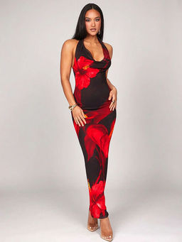 Outzidr - Red Halter Neck With Cowl Printed Maxi Dress