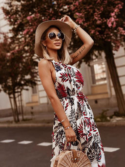 Outzidr - White Printed Halter Neck Maxi Dress With Belt (Set of 2)